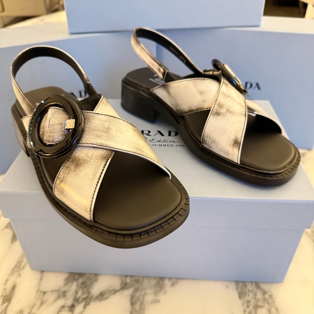 Prada 1X962N Women White/Black Leather slingback sandals shoes size 39.5 US 9.5 - Picture 7 of 14